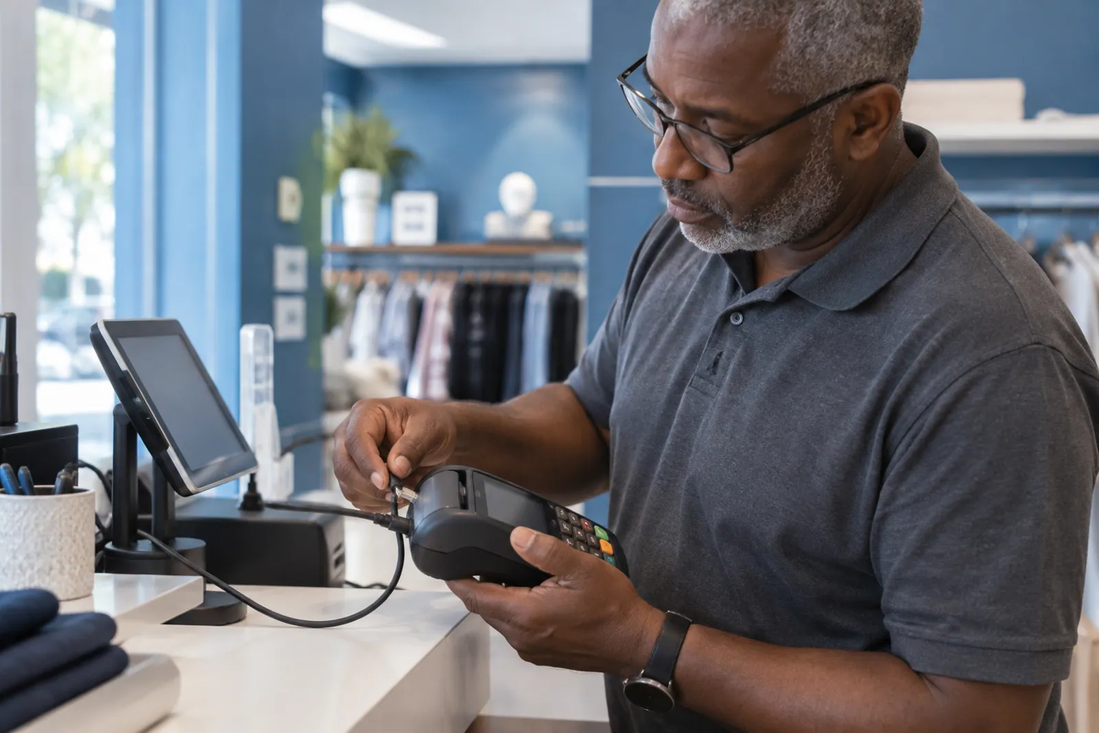 Illustrative scene: An IT specialist inspecting a payment reader and its cable at a checkout counter
