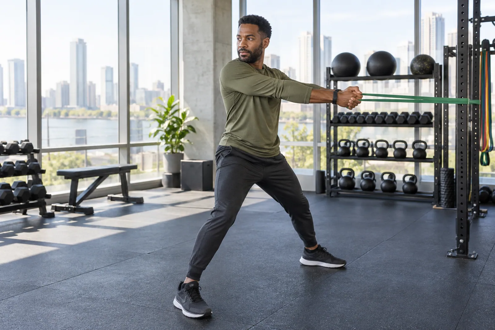Illustrative scene for Dance Studios businesses: A fitness instructor demonstrating a resistance-band stretch in a training studio