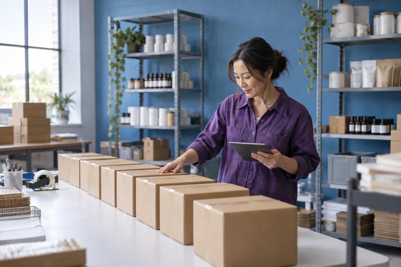 Illustrative scene: A woman checking a row of matching boxes ready for dispatch in a fulfillment workspace