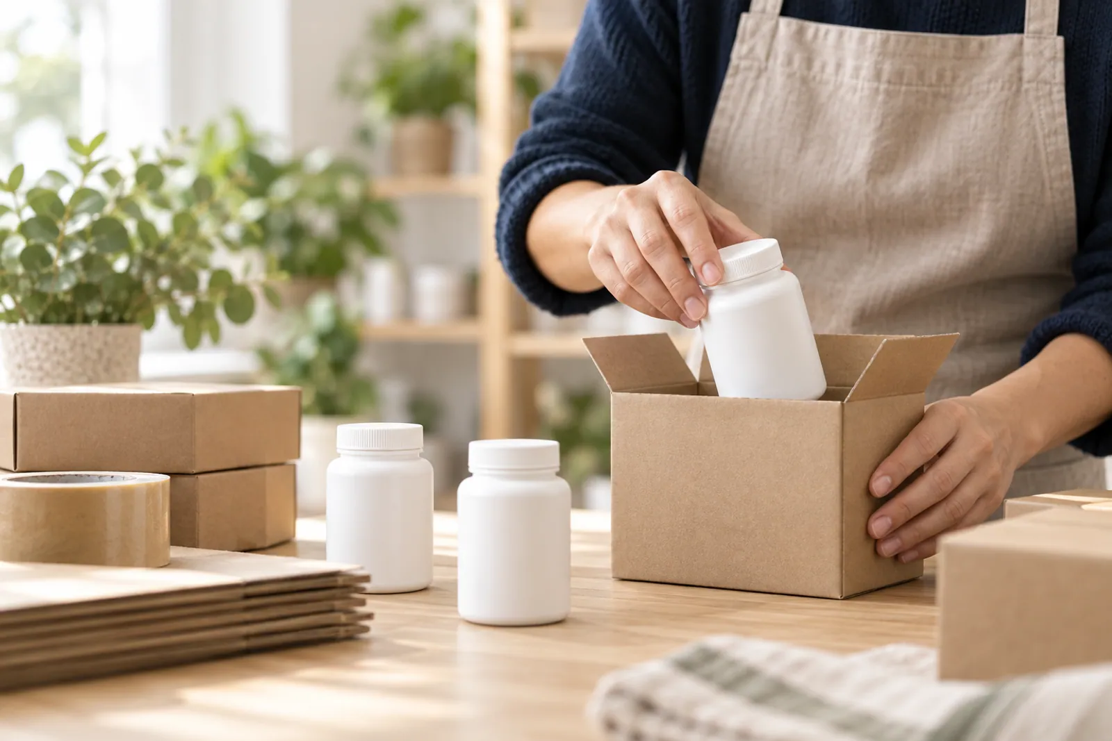 Illustrative scene for Nutraceuticals & Supplements businesses: Unbranded supplement bottles being prepared for packing