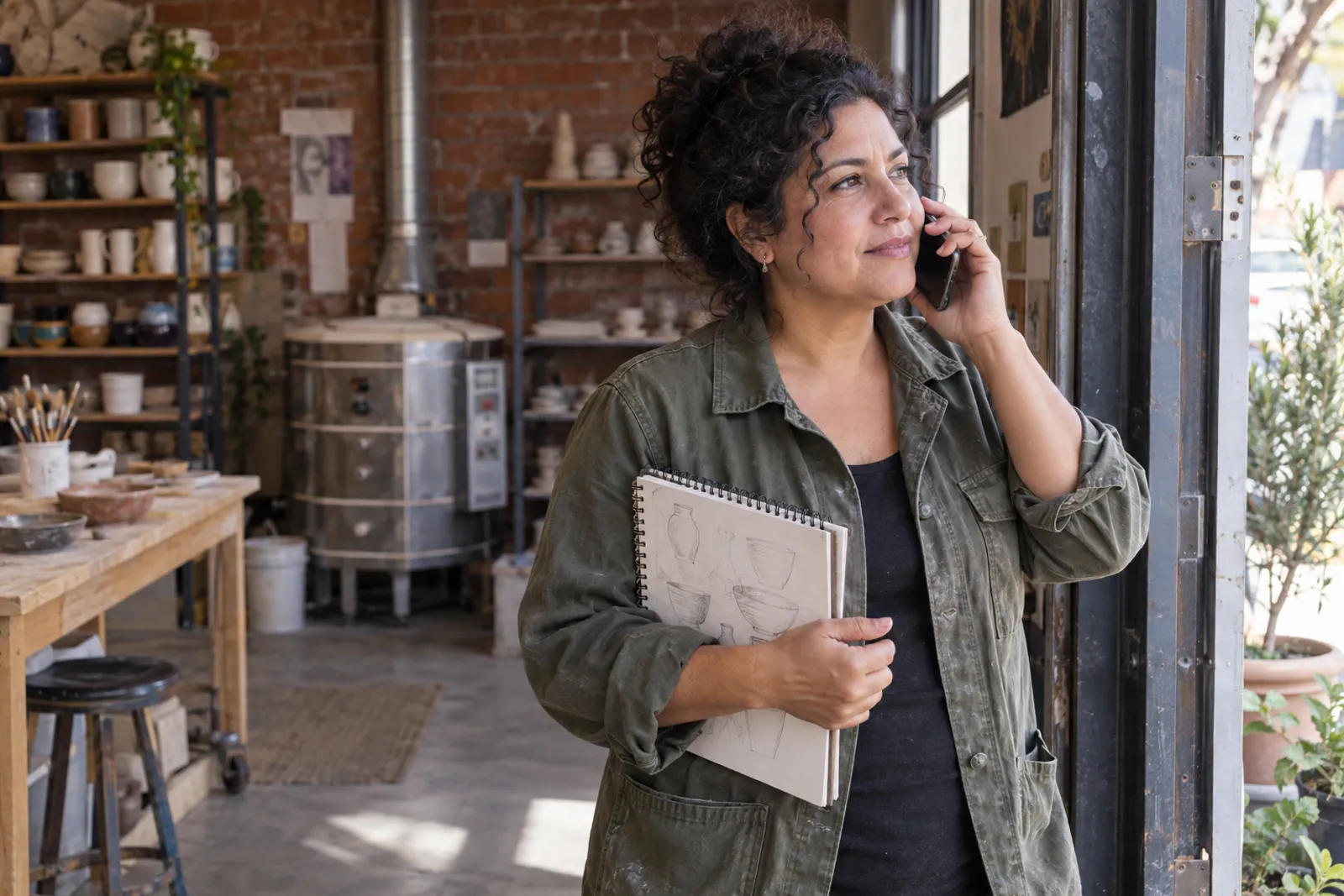 Illustrative scene: A woman speaking on her phone in the doorway of a ceramics workshop