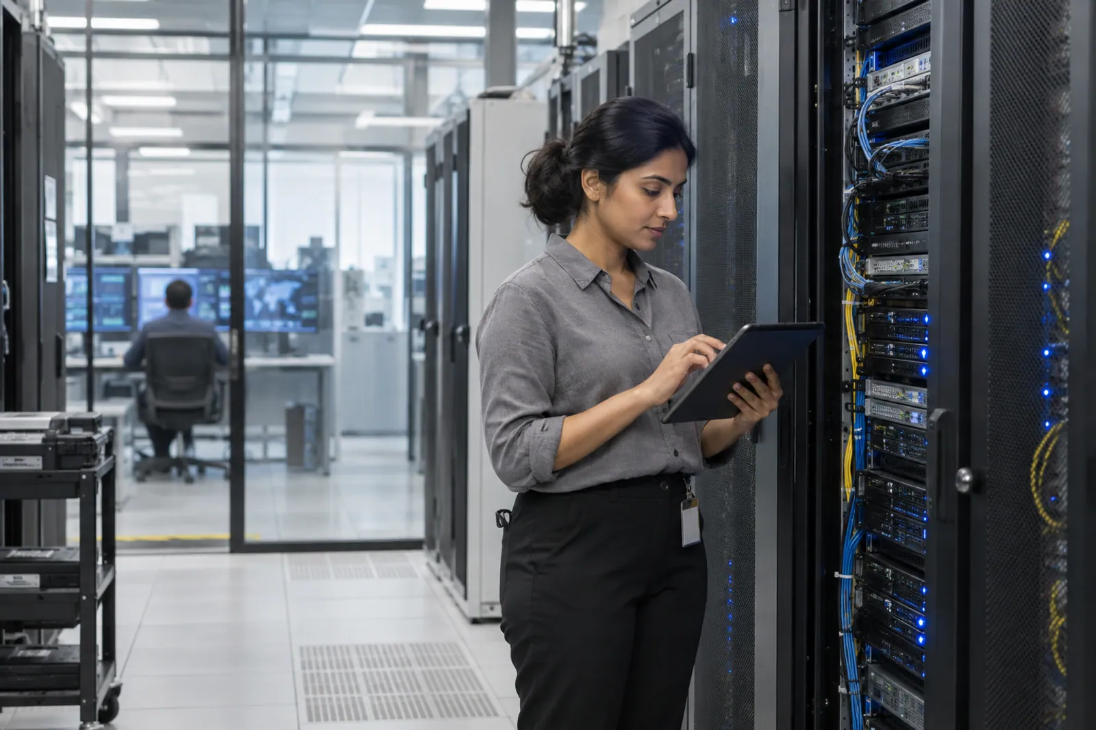 Illustrative scene: A woman checking a tablet beside server racks in a network operations room