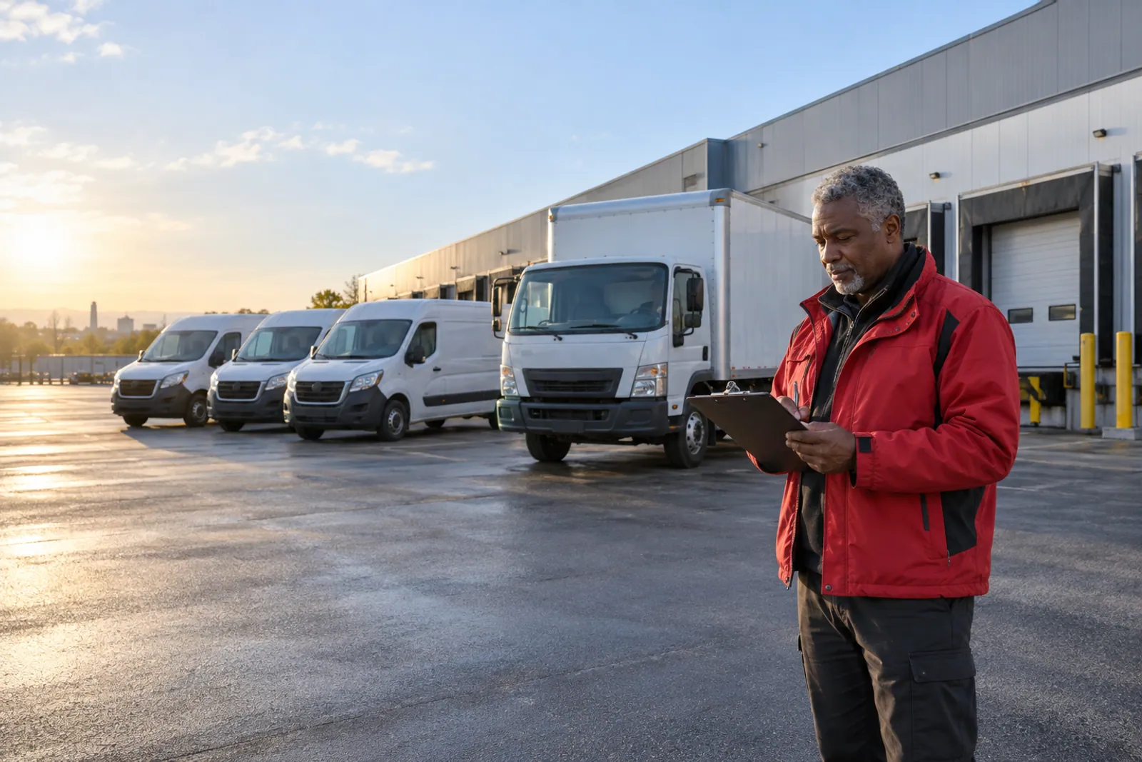 Illustrative scene for Delivery Services businesses: Road delivery vehicles at a commercial fleet depot