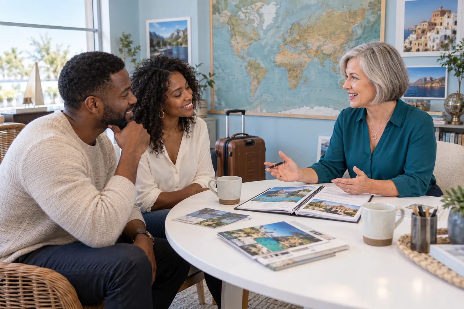 Illustrative scene for Container Shipping businesses: A travel planner and a couple discussing an itinerary in an office with a wall map
