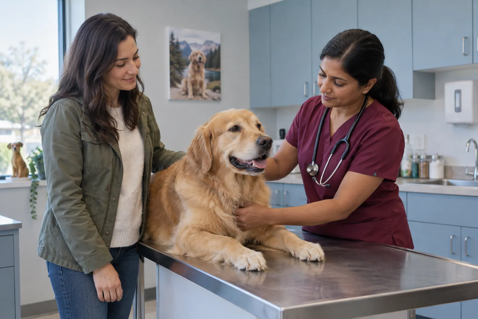 Illustrative scene for Veterinary Services businesses: A veterinarian examining a pet in a veterinary clinic