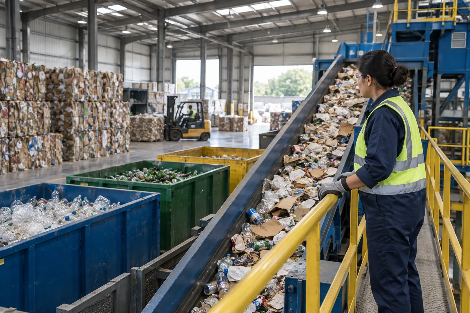 Illustrative scene for Composting Services businesses: Bins, cardboard, and a conveyor at an organized recycling transfer facility